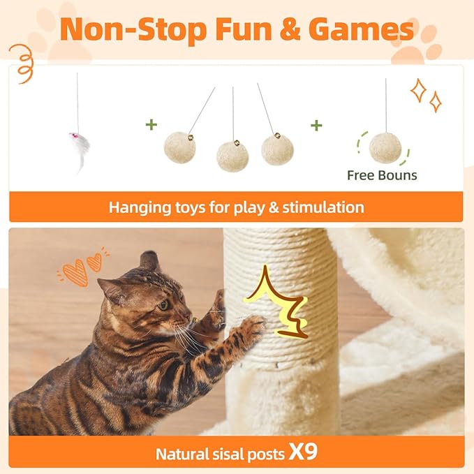 Taoqimiao Large Cat Tree,73-Inch Cat Tree Tower with 9 Scratching Posts for Indoor Cats, 2 Large Cat Condo with Hammock, Hanging Basket, 2 Extended Platform, Beige MS013XLM