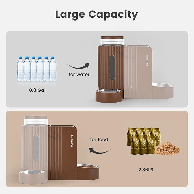 Gardner Pet Gravity Automatic 2-in-1 Pet Feeder, 0.8 Gallons*2 Cat Feeder and Water Dispenser Set, 100% BPA-Free and Stainless Steel Water Bowl for Dogs, Cats, Rabbits, Puppies (Dark Woodgrain)