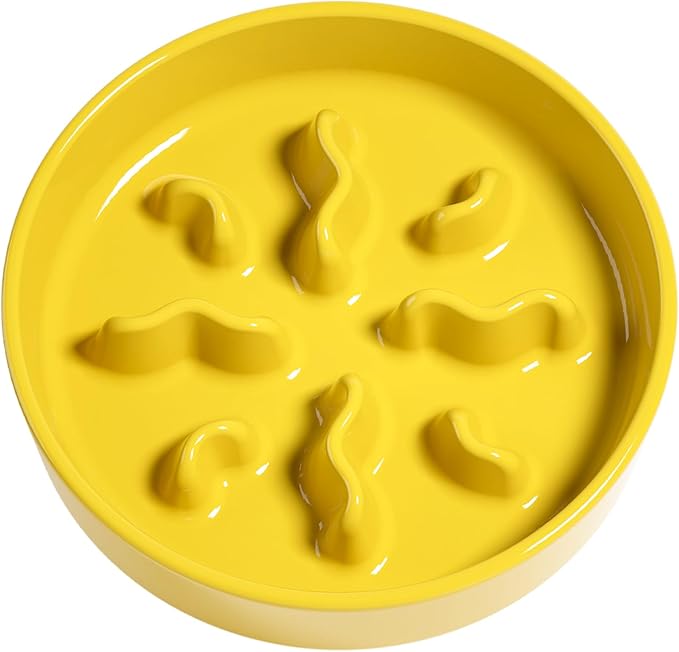 Ceramic Slow Feeder Dog Bowls Small Breed, 0.5 Cups Dog Food Dish for Fast Eaters, Puzzle Bowl for Small Dogs and Cats, 5.5 Inch-Yellow