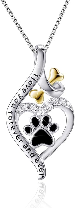 VANLAMS Womens 925 Sterling Silver Bone Love Heart Dog Paw Print Pendant Necklace I Love You Forever and Ever, Gifts for Dog Owner