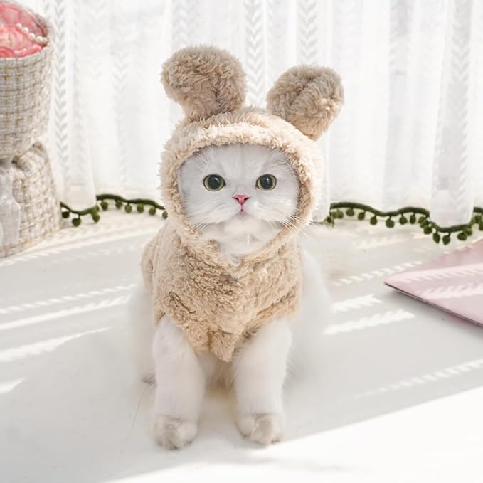 Cat Bunny Ears Costume Cute Dog Kitten Hoodies Sweater Rabbit Ears Puppy Pet Apparel (Large,Beige)