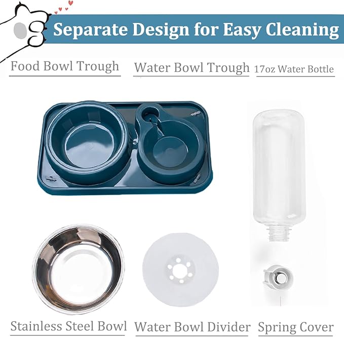 Dog Bowls, Non-Slip Puppy Cat Food and Water Bowl Set with Water Dispenser and Stainless Steel Bowl Detachable Gravity Pet Feeder and Waterer Set for Cats Dogs Puppy Rabbit (Pink)