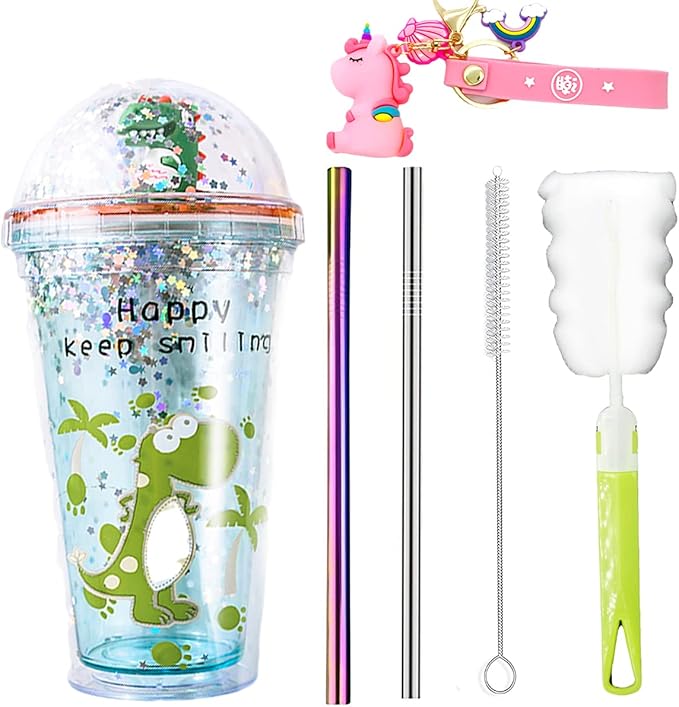 Dinosaur Cups with straw Travel Tumblers Water Bottle Ice Coffee Mugs Reusable Plastic Party Cup Birthday Gift (light green dinosaur, 6.5 * 20 cm)