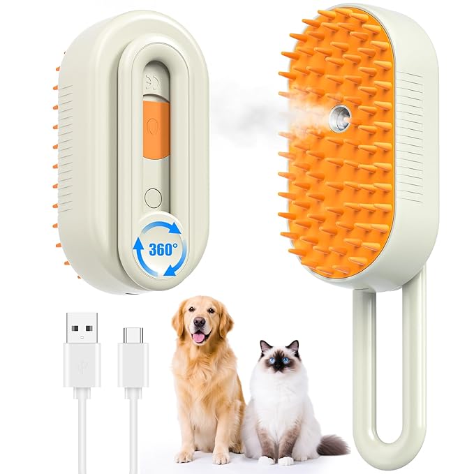 4 in 1 Cat Steam Brush for Shedding, Rechargeable Steam Brush with Foldable Handle, for Cats and Dogs Massaging and Cleaning, Multifunctional Hair Removal Comb (Cream)