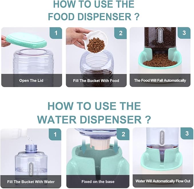 Meikuler Automatic Dog Cat Feeder and Water Dispenser Set,Waterer and Gravity Food Feeder for Small & Medium Dogs Cats Puppies,Large Capacity 1 Gallon x 2 (Green)