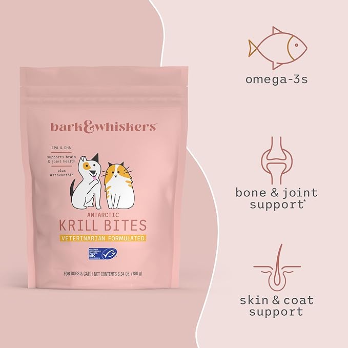 Bark & Whiskers Antarctic Krill Bites, 6.34 Oz. (180 g), 60 Chews, EPA & DHA, Supports Brain & Joint Health, Veterinarian Formulated, Non-GMO, MSC Certified, Dr. Mercola
