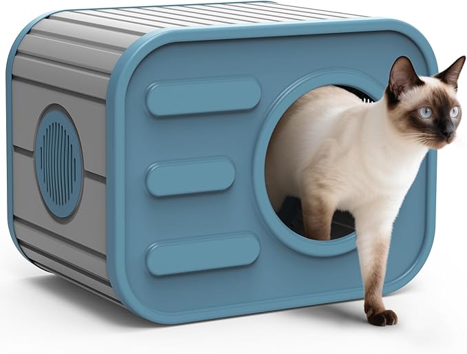 Outdoor Cat House, Outside Cat Shelter with Bed Mat for Feral Cat, Plastic Pet House for Indoor and Outdoor Use, Weatherproof, Blue
