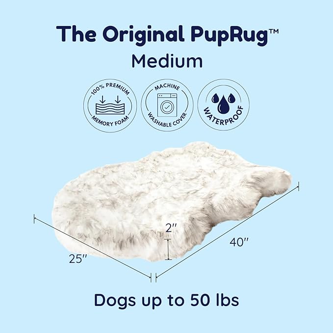 PupRug Orthopedic Dog Bed for Large Dogs with Fluffy Soft Faux Fur and Memory Foam for Joint Pain Relief, Machine Washable and Waterproof Couch Bed, White with Brown Accents, Medium