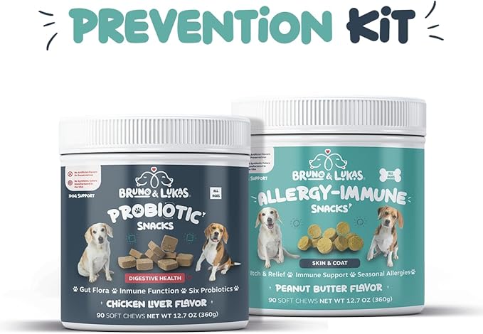 Dog Allergy Relief & Probiotic Chews - Omega 3 Salmon Oil for Itch and Shedding Control, Gut Health & Immune Support with Chicken Liver Flavor, for Skin Irritation & Digestive Health (90 Ct Each)