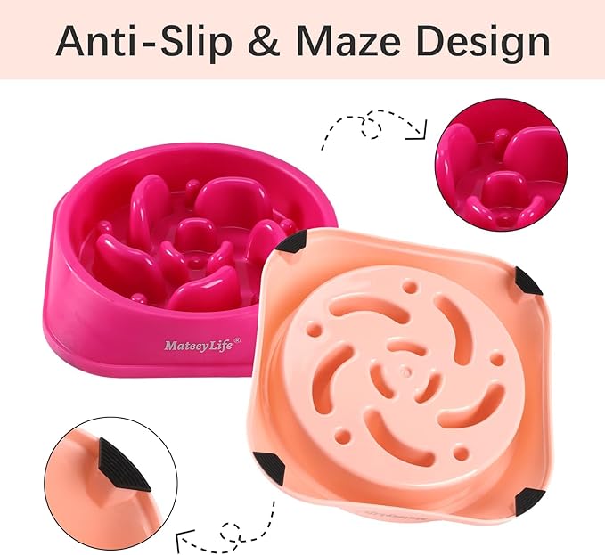 MateeyLife Slow Feeder Dog Bowls 2PCS, Anti-Choking Puzzle Dog Food Bowls, Anti-Slip Interactive Feeding Slow Down Eating, Bloat Stop Maze Dishes for Medium Large Breeds Pink&Purple