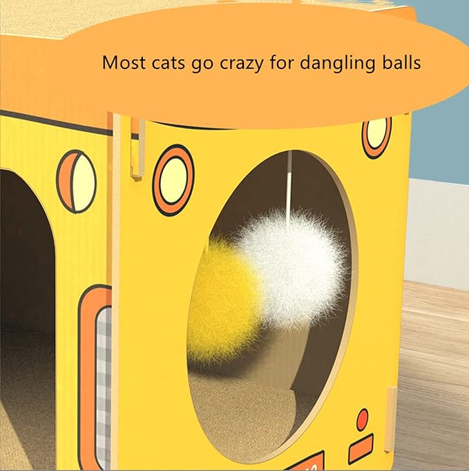 SHENGOCASE Wooden Jumbo 26.4" x 11.8" Extra Large Bus Shaped Cat Scratcher House for Big Cat Maine Coon, Cardboard Cat House with Scratching Pad for Indoor Cats