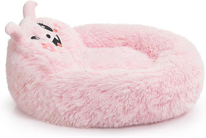 Hollypet Self-Warming Donut Pet Bed Luxury Cozy Nest Monster Sleeping Bed Round Faux Fur Bed for Cats, Pink
