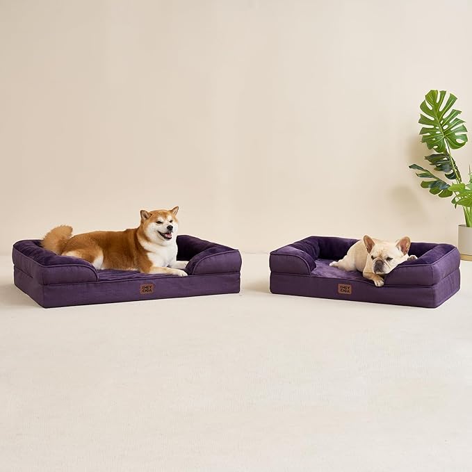 EHEYCIGA Orthopedic Dog Beds for Large Dogs, Waterproof Memory Foam Large Dog Bed with Sides, Non-Slip Bottom and Egg-Crate Foam Pet Couch Bed with Washable Removable Cover, Purple