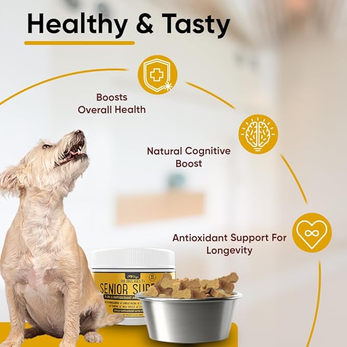 iHeartDogs Senior Super 7 Daily Dog Multivitamin - 7-in-1 Vitamin for Dogs Supports Anti-Aging with Antioxidants, Probiotics, Lion's Mane, Turkey Tail, & Ashwagandha for Longevity & Cognitive Boost