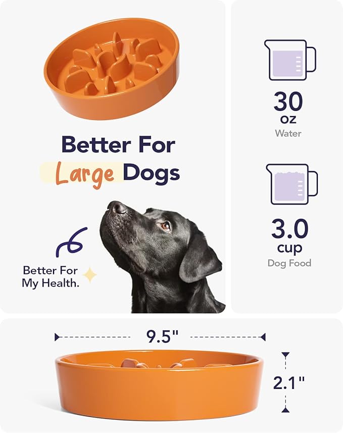 LE TAUCI Slow Feeder Dog Bowls Ceramic,3 Cups Slow Feeding Dog Bowl Medium Large Breed, Pet Bowl for Fast Eaters, Puzzle Pet Dishes,Sun Orange