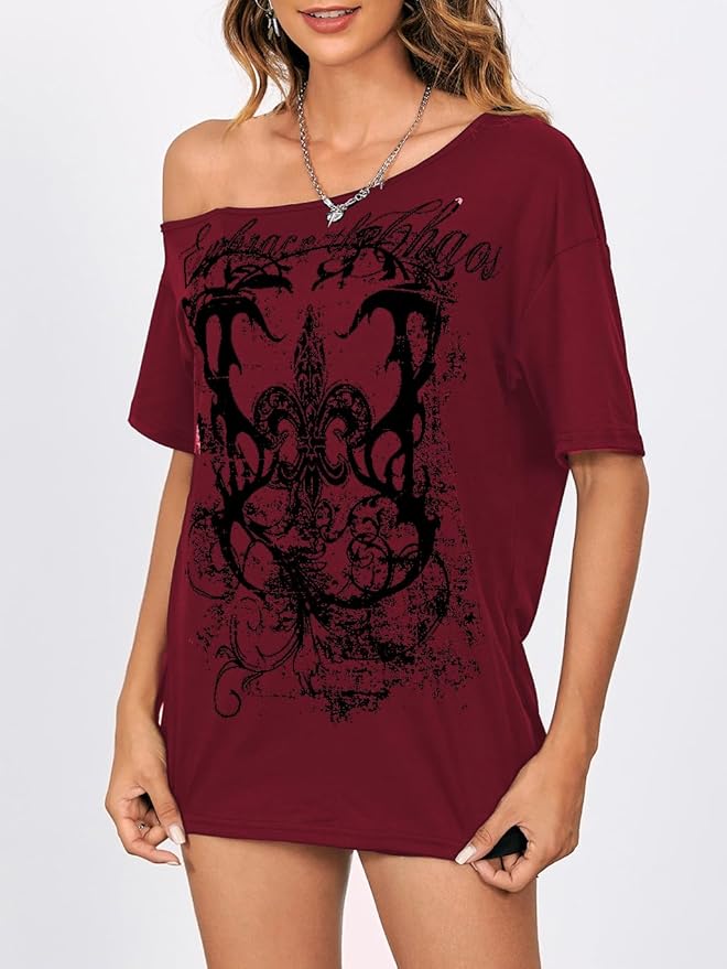 SOLY HUX Women's Off The Shoulder Tops Graphic Tees Y2k Vintage Gothic Oversized T Shirts Streetwear