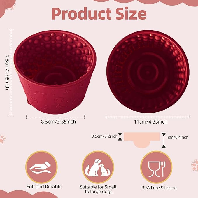 Dog Slow Feeder Lick Bowl, Non-Slip Dog Licking Treat Dispenser, Slow Feeder Bowls for Small Medium Large Breed Dogs, Anxiety Relief & Anti-Choking, BPA Free Silicone (Claret, 1.6 Cup)