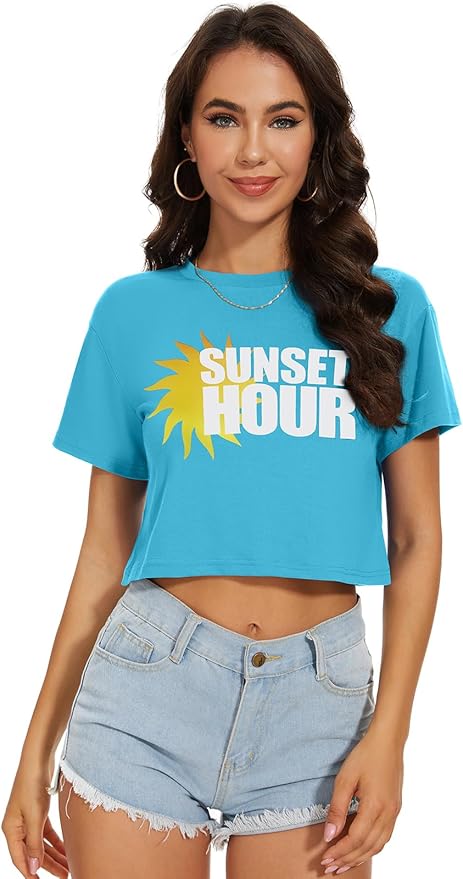 Womens Summer Crop Tops Short Sleeve Round Neck T-Shirts Loose Fit Casual Blouse