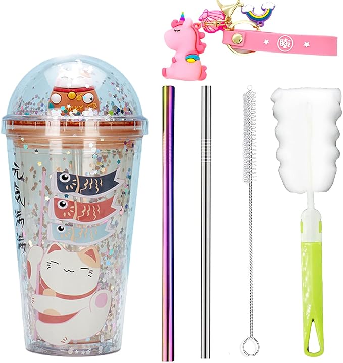 Lucky Cat Cups with Straw Kitten Party Cup Travel Tumblers Adults Ice Coffee Mugs Women Reusable Plastic Water Bottle Birthday Gift (orange cat, 6.5 * 20 cm)