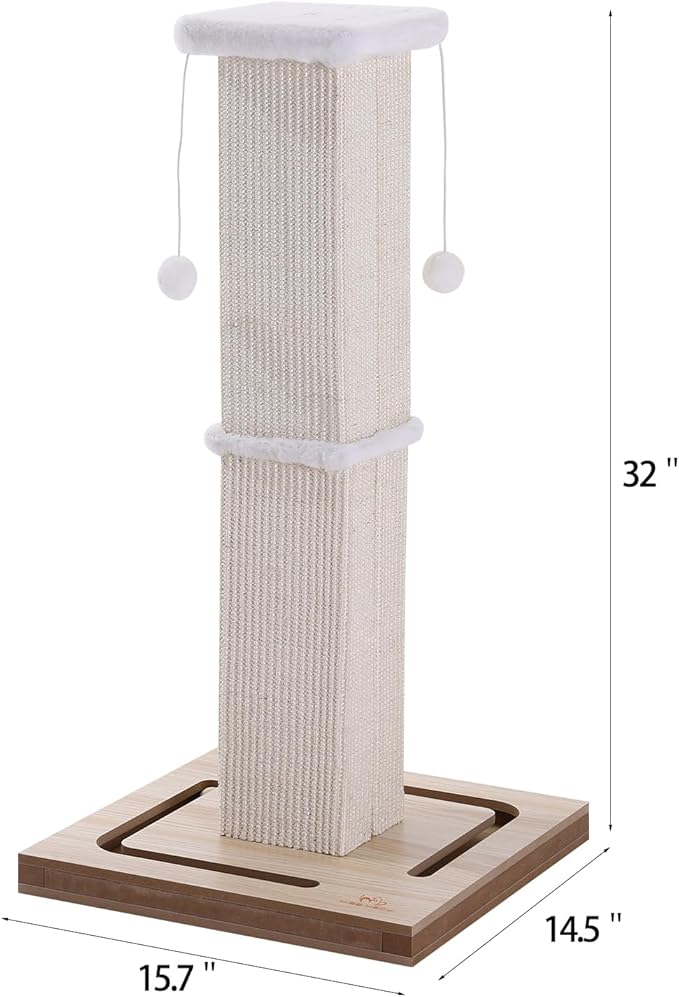 Cat Scratching Post, 32 Inches Large Cat Scratch Post for Adult Cats and Kittens, Nature Sisal,Wooden Base with Toy Balls, Modern Cat Scratcher for Indoor Cats, Protect Your Furniture, Beige