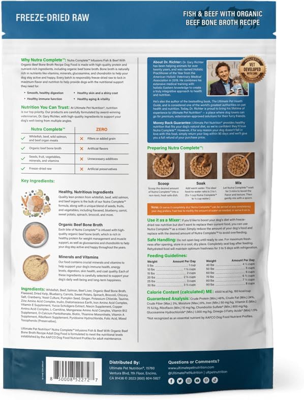 ULTIMATE PET NUTRITION Nutra Complete Bone Broth Infusions, 100% Freeze Dried Raw Veterinarian Formulated Dog Food with Antioxidants Prebiotics and Amino Acids (1 Pound, Bone Broth Fish)
