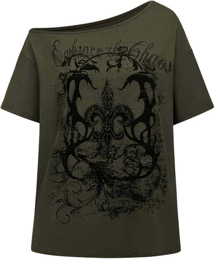 SOLY HUX Women's Off The Shoulder Tops Graphic Tees Y2k Vintage Gothic Oversized T Shirts Streetwear