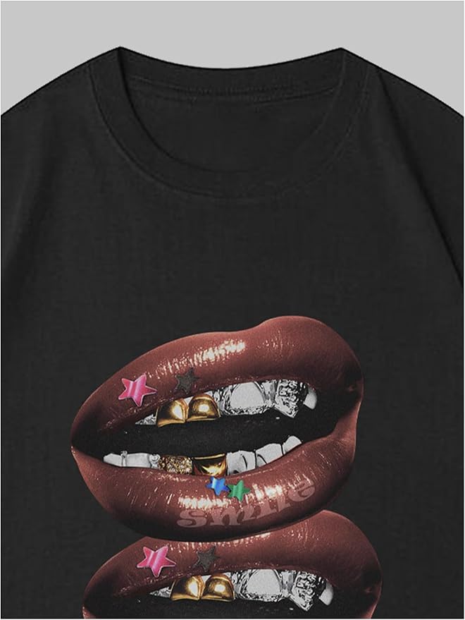 Verdusa Women's Lips Print Graphic Tees Y2k T Shirts Summer Crew Neck Vintage Going Out Tops