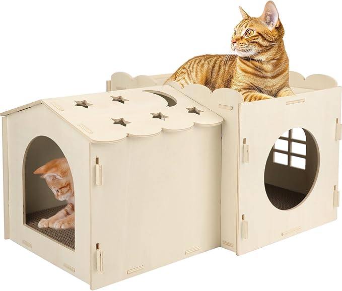 Wooden Cat Scratcher House,Cat Hideout with Scratch Cardboard Pad,2 Tier Sturdy Kittens Bed House Indoor with Air Vents for Small to Large Sized Cats and Rabbits Use