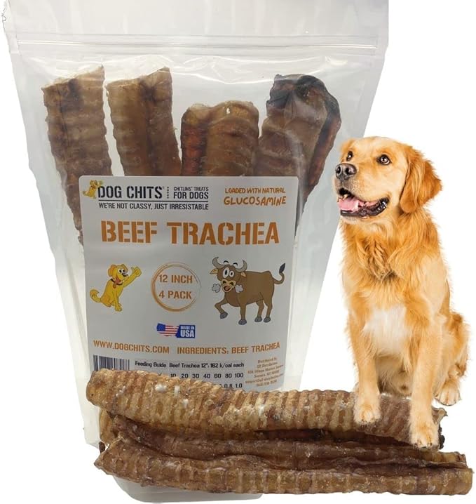 Dog Chits Beef Trachea for Dogs - Dog and Puppy Chews | Amazing for Joints | 12 in, 4 Pack | Made in USA | All-Natural Treats | Large and Small Dogs | Nothing Added | Lots of Natural Glucosamine