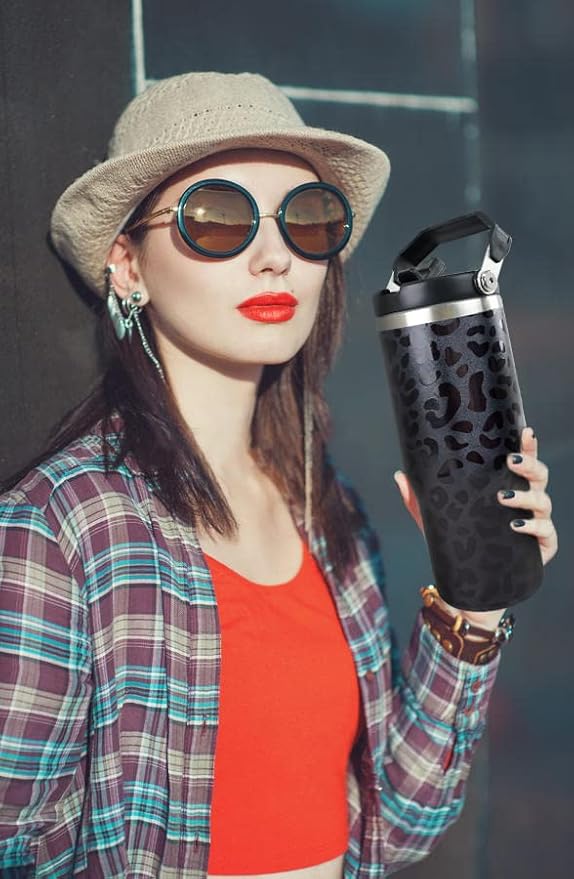 30oz Black Leopard Tumbler with Handle and Straw, Stainless Steel Vacuum Insulated Coffee Tumbler, Travel Mug Water Bottle, Leopard Stuff Accessories Decor, Leopard Gifts for Women