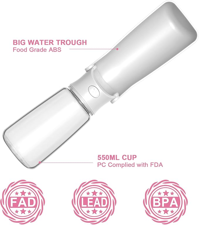 Portable Dog Water Bottle - Foldable Dog Water Dispenser | Leak Proof & Food Grade Plastic Travel | Pet Water Bottle for Cat Outdoor Walking Hiking Travel(US) (White, 19oz)