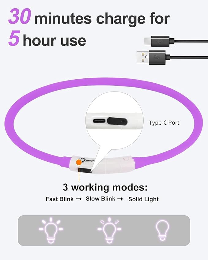 Joytale Light Up Dog Collar, Rechargeable Rainproof LED Collar for Night Walking Safety, Soft Silicone Glow in The Dark, Suitable for Small Medium Large Dogs, Purple