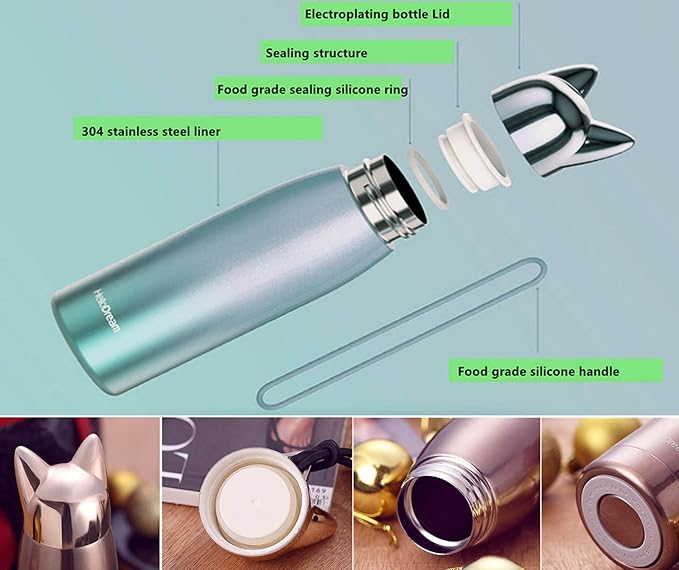 Insulated Bottle for Cat Lover Gift: 11oz Slim Stainless Steel Water Bottle Leak-Proof for Travel Backpack - Small Cute Cat Tumbler Coffee Flask for Women Purse - Pink 320ml
