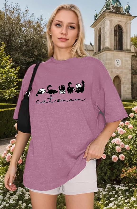 Cat Shirts for Women Cute Cat Mom Oversized Shirt Funny Pet Graphic Tees Y2k Teen Girl Clothes
