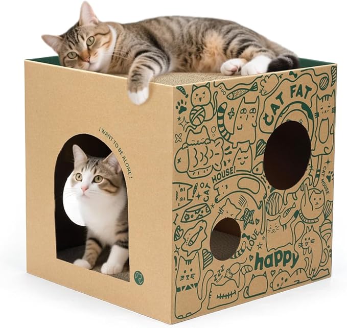 Cardboard Cat House with 2PCS Scratcher Pads Large Cat Scratchers Lounge Bed for Indoor Cats Cat Scratching Board & Cat Scratcher Box for Bunny/Cats Animals.(Green-Graffiti)