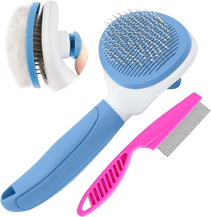 Cat Brush for Shedding and Grooming, Pet Self Cleaning Slicker Brush with Cat Hair Comb by KALAMANDA (Blue)