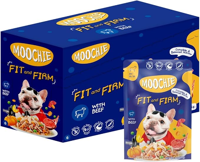 MOOCHIE Grain Free Small Dogs Wet Dog Food - Fit and Firm - Real Beef & Vegetables - No Artificial Flavors or Preservative - 12 x 3 oz Pouch