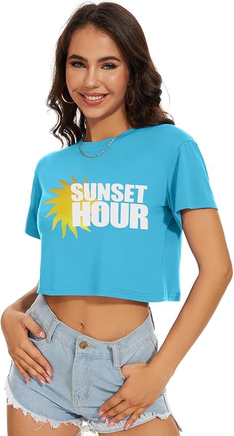 Womens Summer Crop Tops Short Sleeve Round Neck T-Shirts Loose Fit Casual Blouse