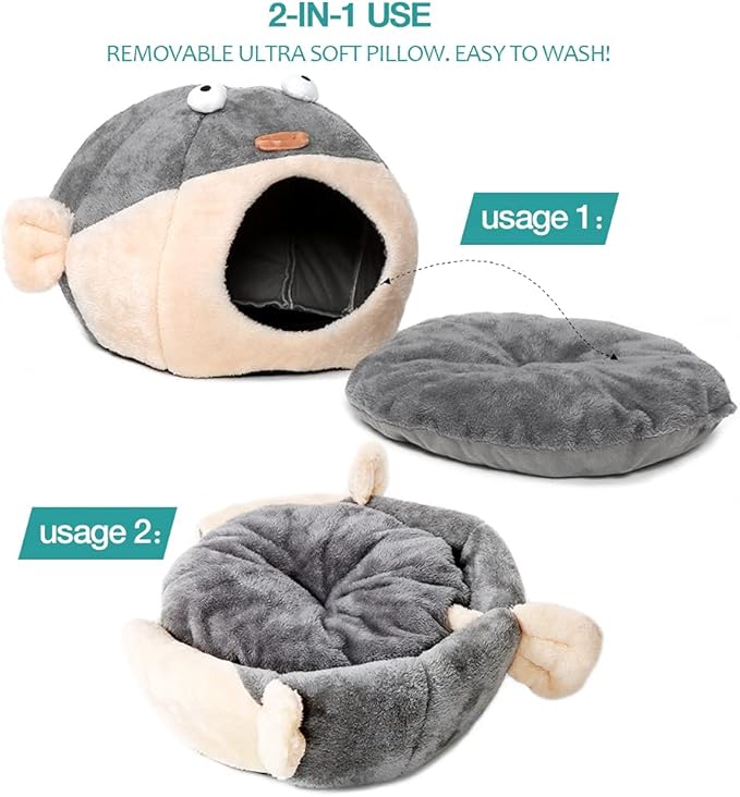 Cat Beds for Indoor Cats - Cat Bed Cave with Removable Washable Cushioned Pillow, Soft Plush Premium Cotton No Deformation Pet Bed, Lively Pufferfish Cat House Design, Grey, Multiple Sizes(S)
