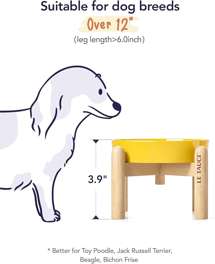 LE TAUCI Ceramic Slow Feeder Dog Bowls Elevated, 0.6 Cups Raised Dog Bowl with Wooden Stand for Small Breed, Pet Dishes to Slow Down Eating, Puzzle Cat Food Bowl, Star Yellow
