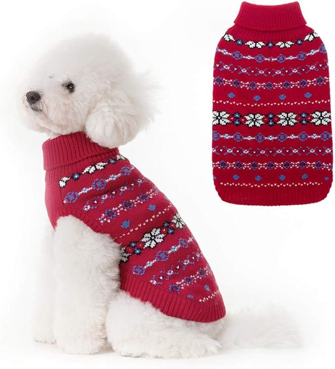 BINGPET Dog Sweaters for Small Dogs,Winter Dog Sweater Warm Clothes Boys Girls with Leash Hole,Classic Snowflake Doggy Knitwear Clothes,Ideal Gift for Pet in New Year(Red, Small)