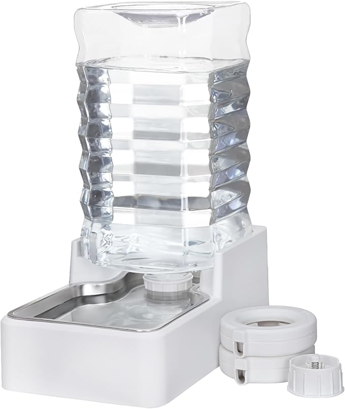 Sfozstra Dog Water Bowl Dispenser: 9L Lagre Automatic Gravity White Pet Water Dispenser - Stainless Steel Bowl - BPA-Free - Two Caps and Filters for Multiple Pets