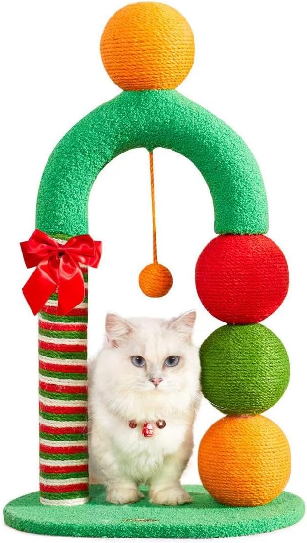 Durable Cat Scratching Post, Natural Sisal Cat Scratcher for Indoor Cats and Kittens, Cat Post with Dangling Ball, Easy Assembly with Bonus Sisal Ball Toy, Fun Candy Cane Design
