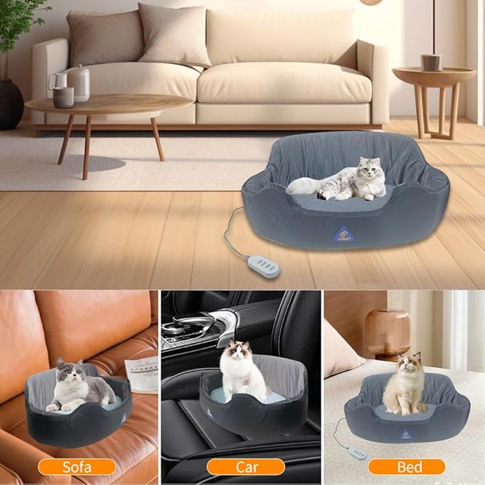 Heated Cat Bed for Indoor Cats,20" Cat Heating Pad with Timer & Temp Adjustable, Washable Calming Pet Bed with Heating Pad for Cats and Small Dogs,Gray Electric Bed Heater Warmer for Kitten Cat