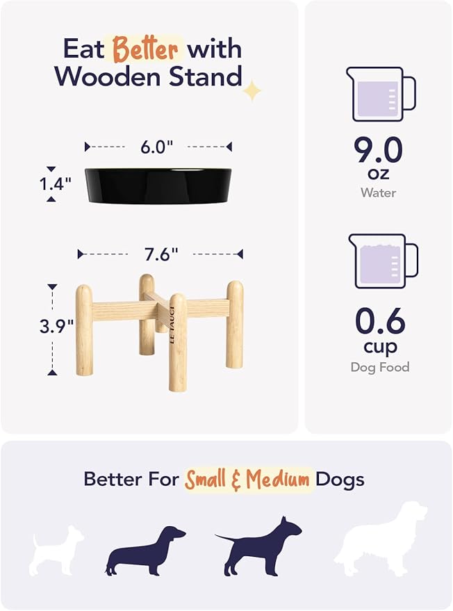 LE TAUCI Ceramic Slow Feeder Dog Bowls Elevated, 0.6 Cups Raised Dog Bowl with Wooden Stand for Small Breed, Pet Dishes to Slow Down Eating, Skull Black