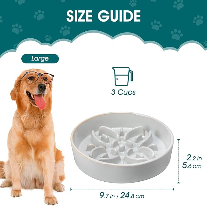 vancasso Ceramic Slow Feeder Dog Bowls, Puzzle Dog Food Bowls with Floral Maze, Anti -Slip Pet Food Dish for Large Breed, 3 Cups, Grey