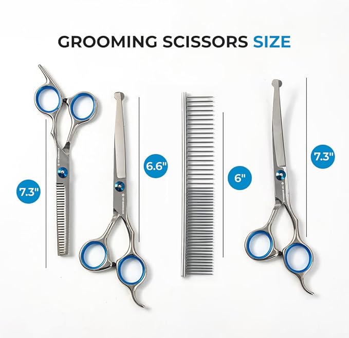 Professional Pet Grooming Kit 5-in-1 - Stainless Steel Trimming Scissors Set with Straight Hair Comb for Small and Large Pets