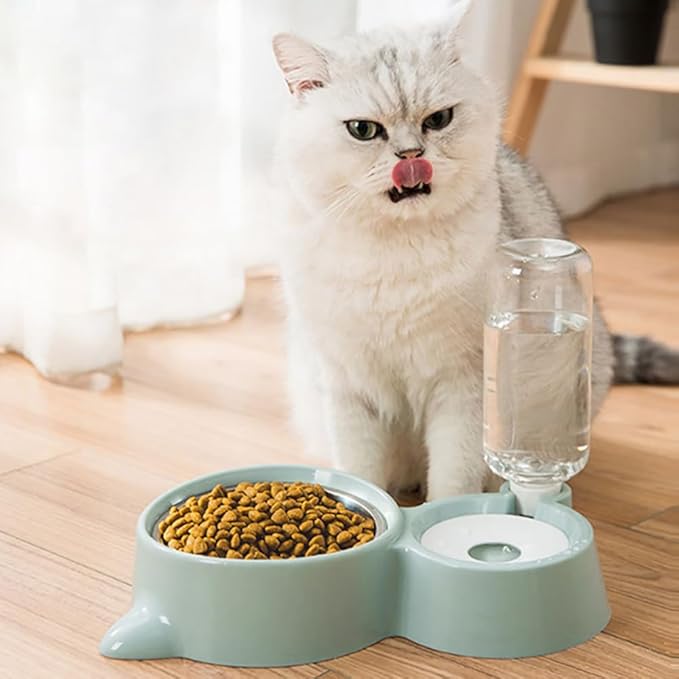Dog Bowls, Puppy Cat Food and Water Bowl Set with Water Dispenser and Stainless Steel Bowl Detachable Gravity Pet Feeder and Waterer Set for Cats Dogs Puppy Rabbit (Grey)