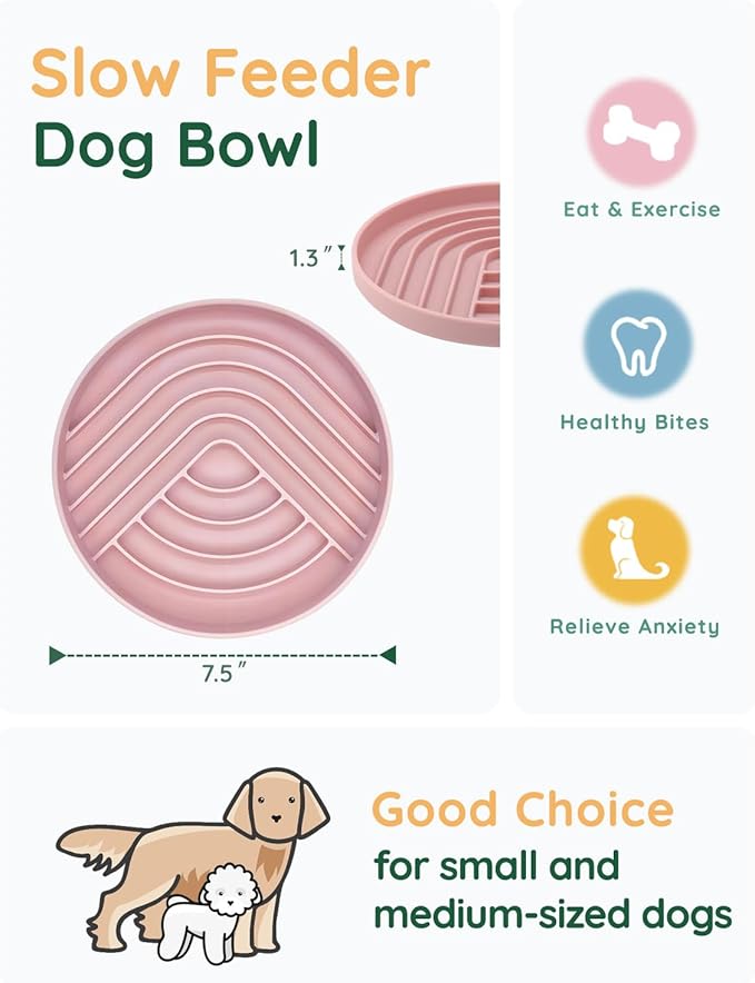 Slow Feeder Dog Bowls, Slowdown Bowl - Silicone Dog Feeding Bowls with Suction Cups for Puppies, Modern Lick Mat Design, Reduces Gulping, Dishwasher Fit, Mealtime Challenge, 7.5" x 1.3" Pink