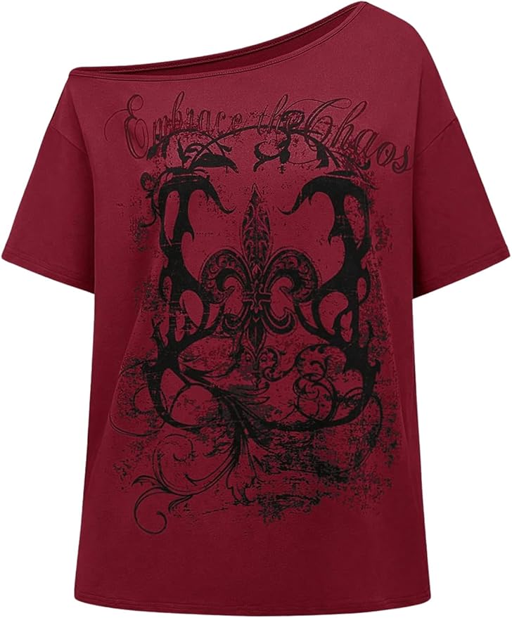 SOLY HUX Women's Off The Shoulder Tops Graphic Tees Y2k Vintage Gothic Oversized T Shirts Streetwear